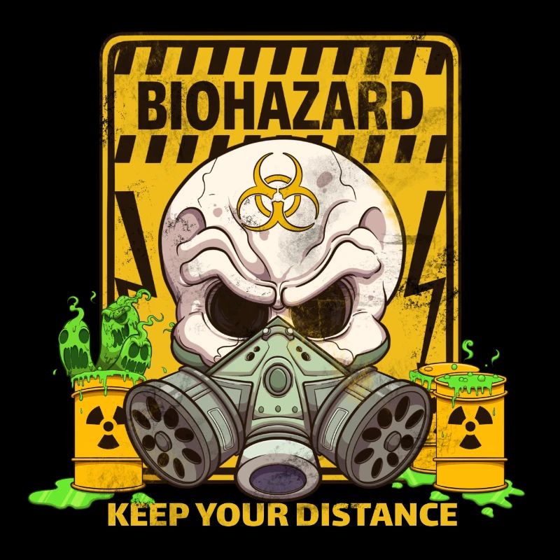Karikatur Biohazard Totenschädel mit Warnzeichen