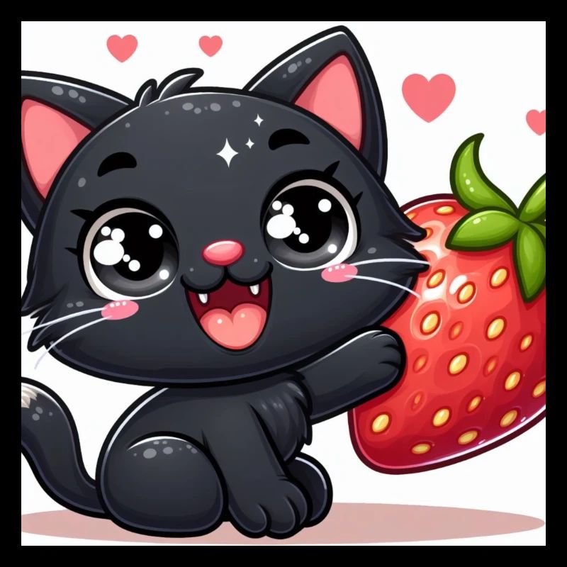 Sweet Kitty Schwarz mit grosser Erdbeere und Augen