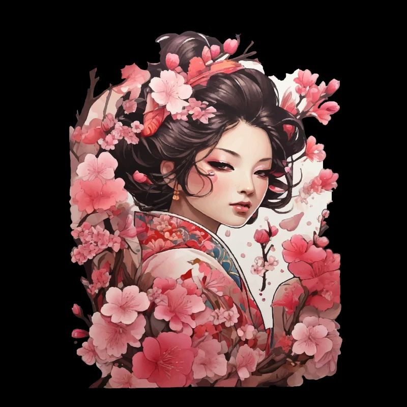 Woman in kimono with cherry and plum patterns