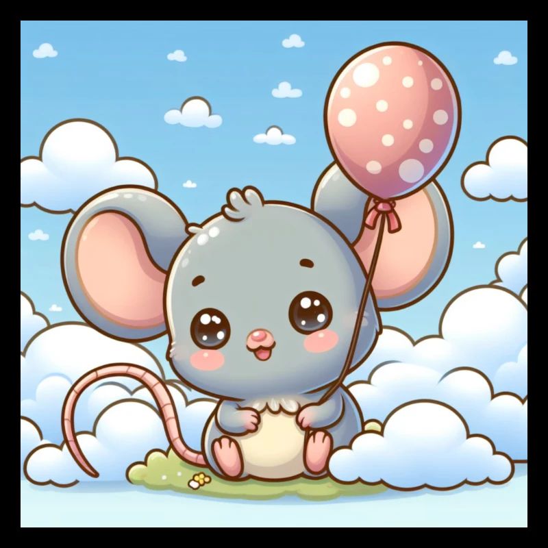 Süsse Maus mit einem Ballon auf einer Wolke