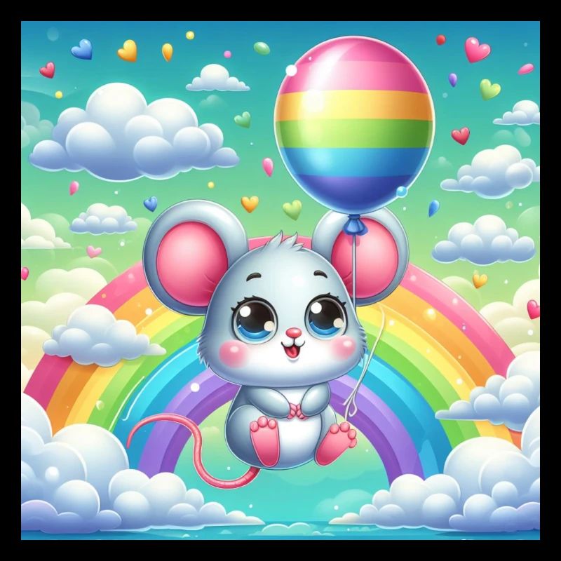 Souris mignonne avec un ballon devant un arc-en-ciel