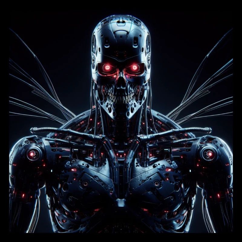Cyborg with red eyes on black background
