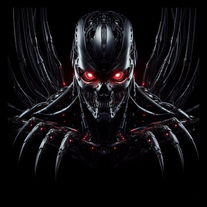 Cyborg mit Krallen und roten Augen auf dunklem HG