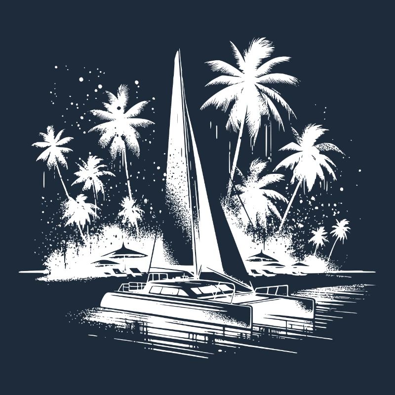 Catamaran sailboat with palm trees