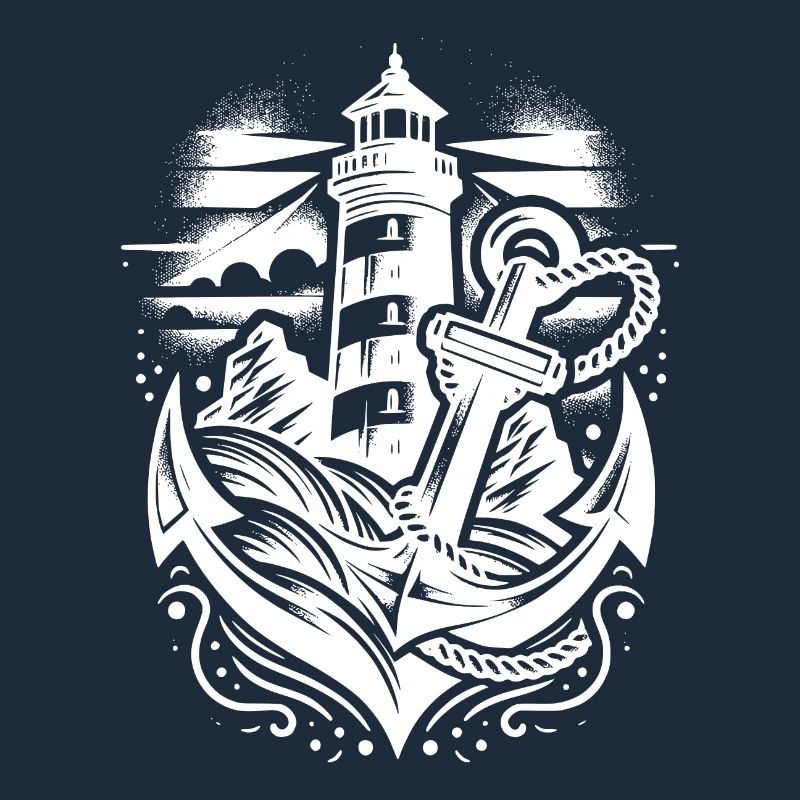 Leuchtender Leuchtturm an der Küste mit Anker