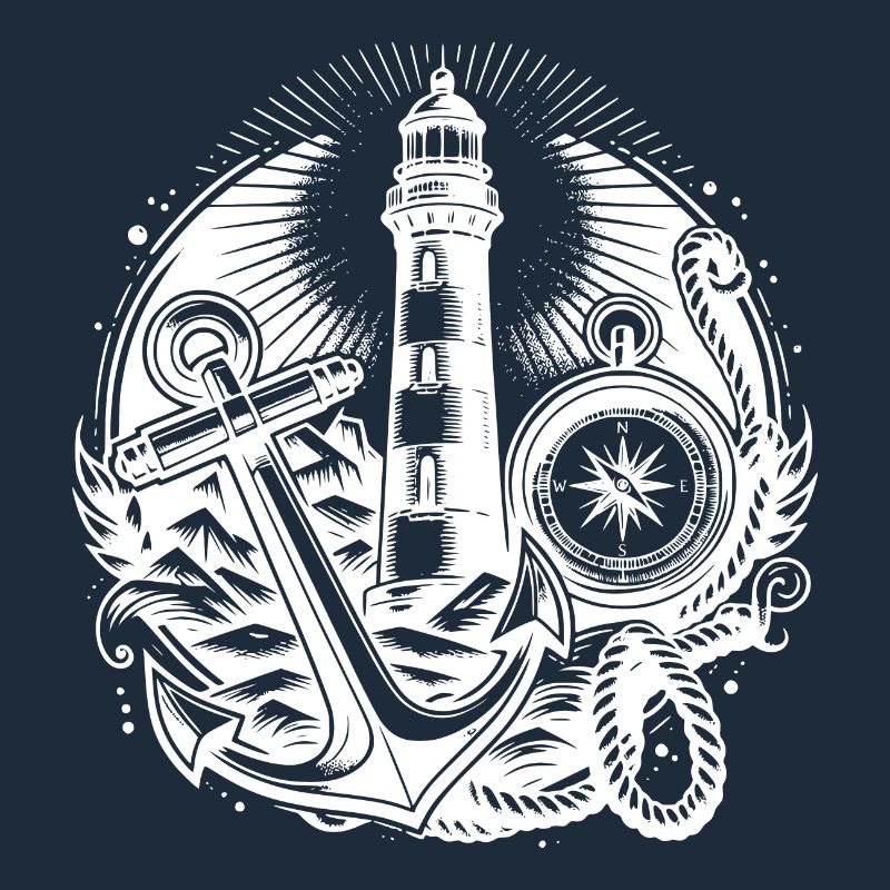 Coastal lighthouse with compass, anchor and light