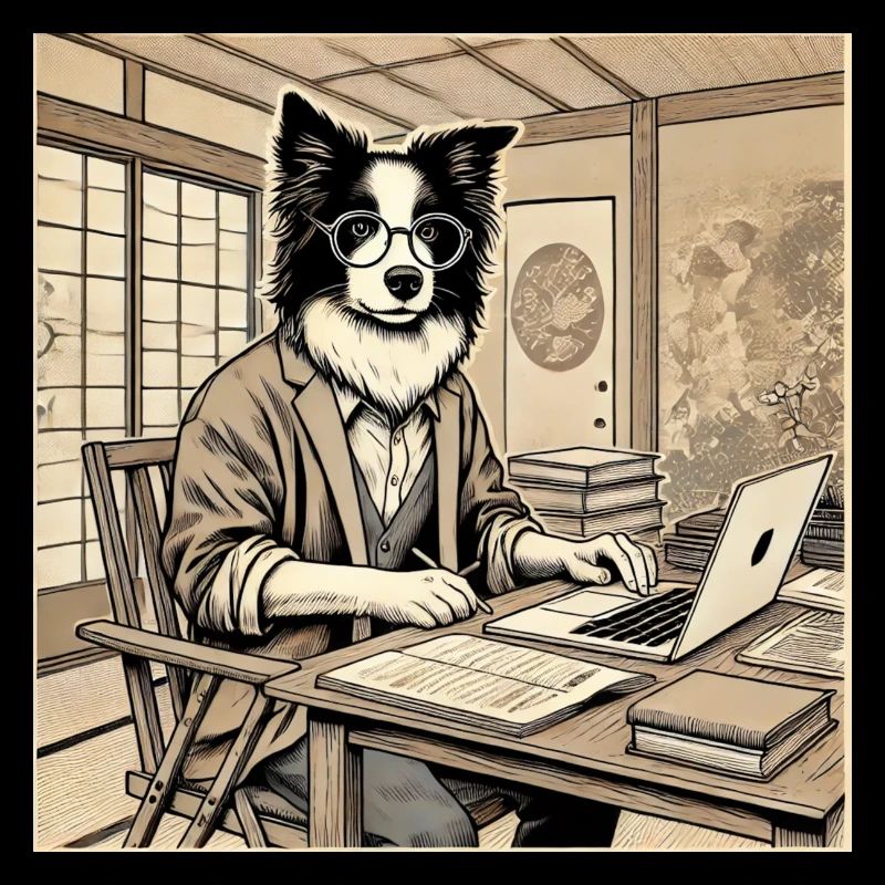 Border Collie am Schreibtisch - Ukiyo-e Stil