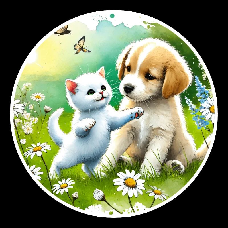 Chien et chat jouant dans la prairie fleurie