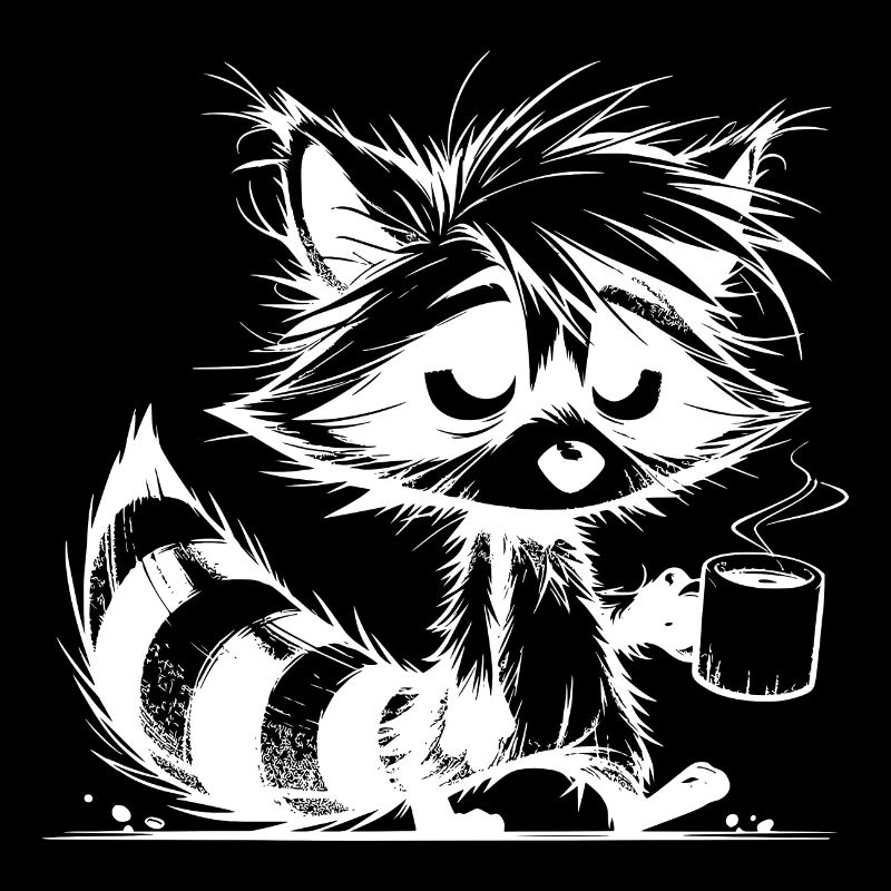 Sleepy tired raccoon with coffee cup