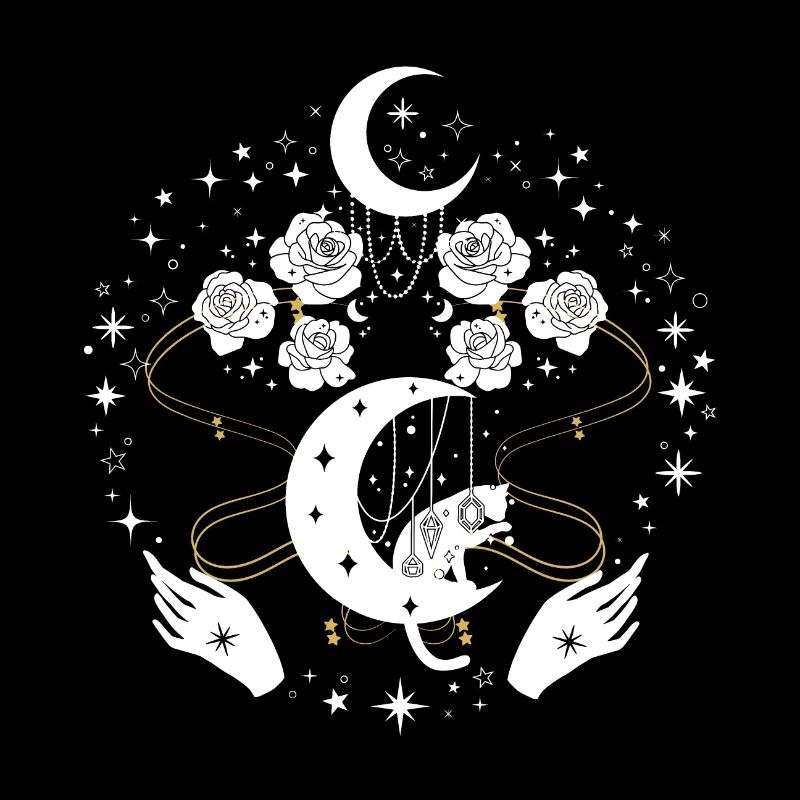 Magic cat with moon and flowers