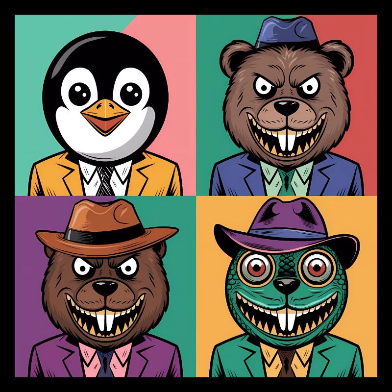 Pop-art cool Pinguin Bär Biber Salamander bunt