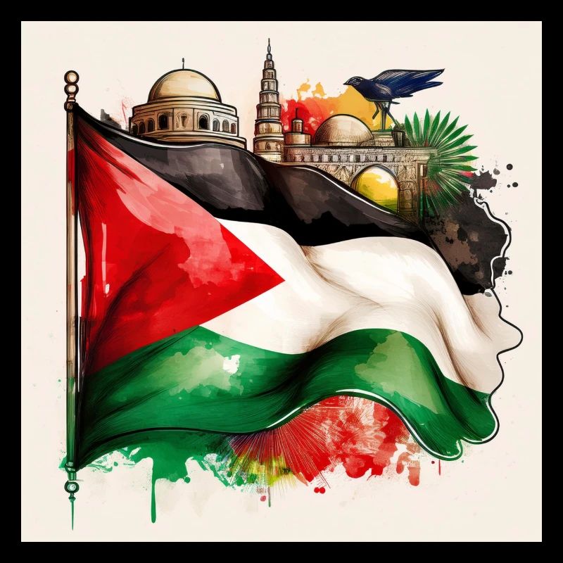 Palestinian Pride Flag with Iconic Landmarks