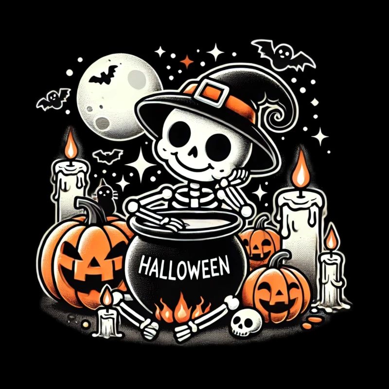 Cute Halloween skeleton with pumpkin and cauldron