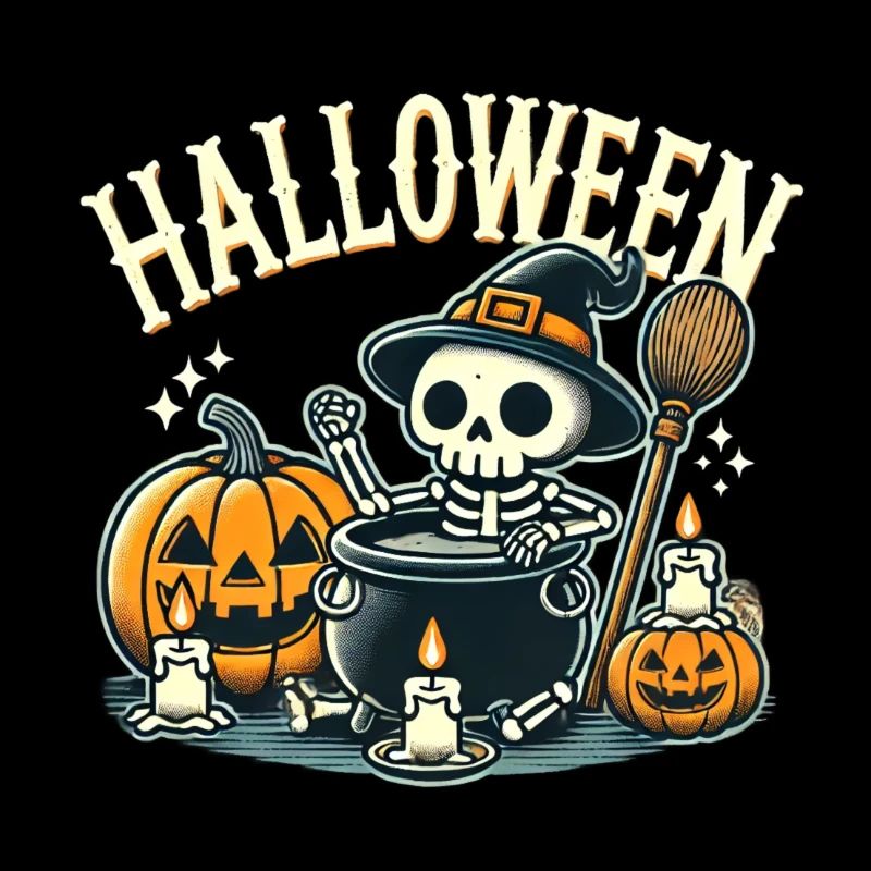 Cute Halloween skeleton with pumpkin and cauldron