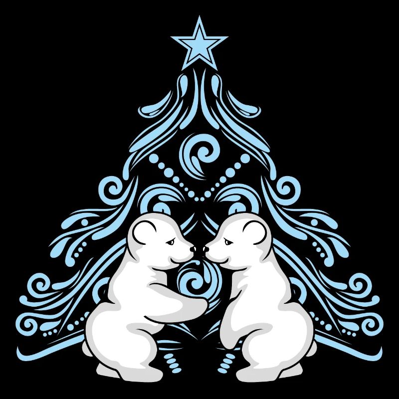 Two polar baby bears hugging near a Christmas tree