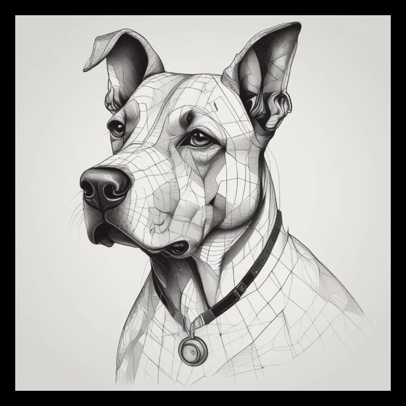 Chien avec chaîne en noir et blanc