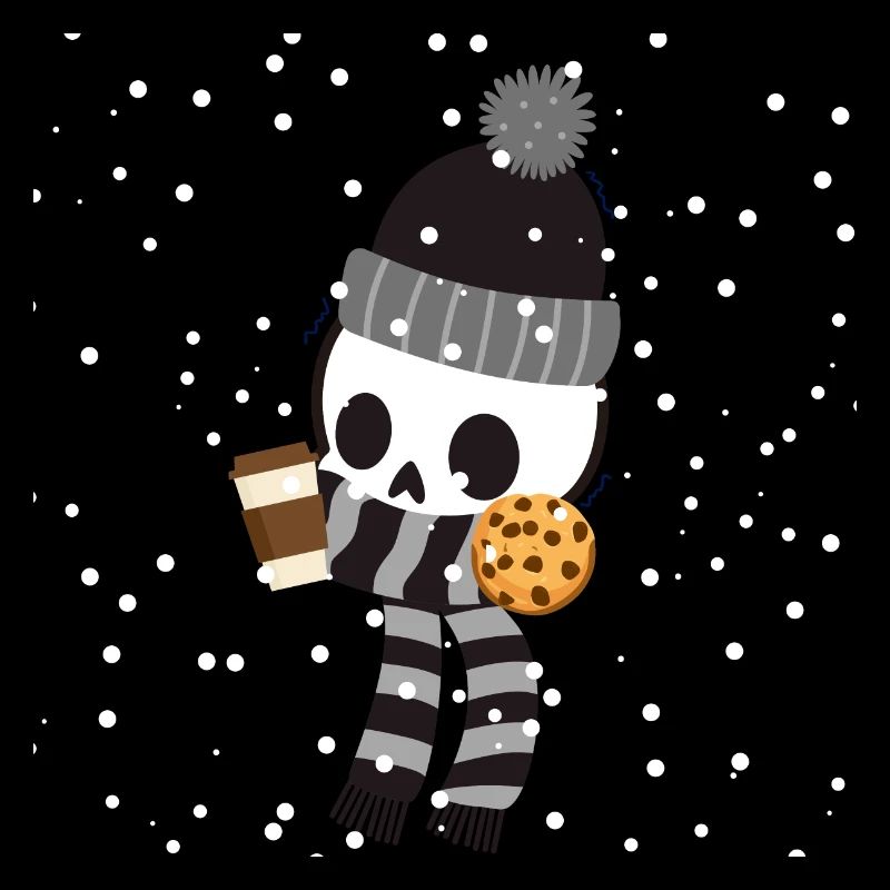Squelette frissonnant avec du café et un biscuit dans la neige