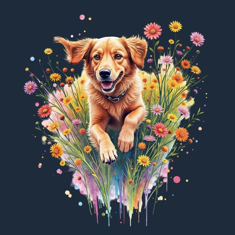 Chien jouant dans les fleurs