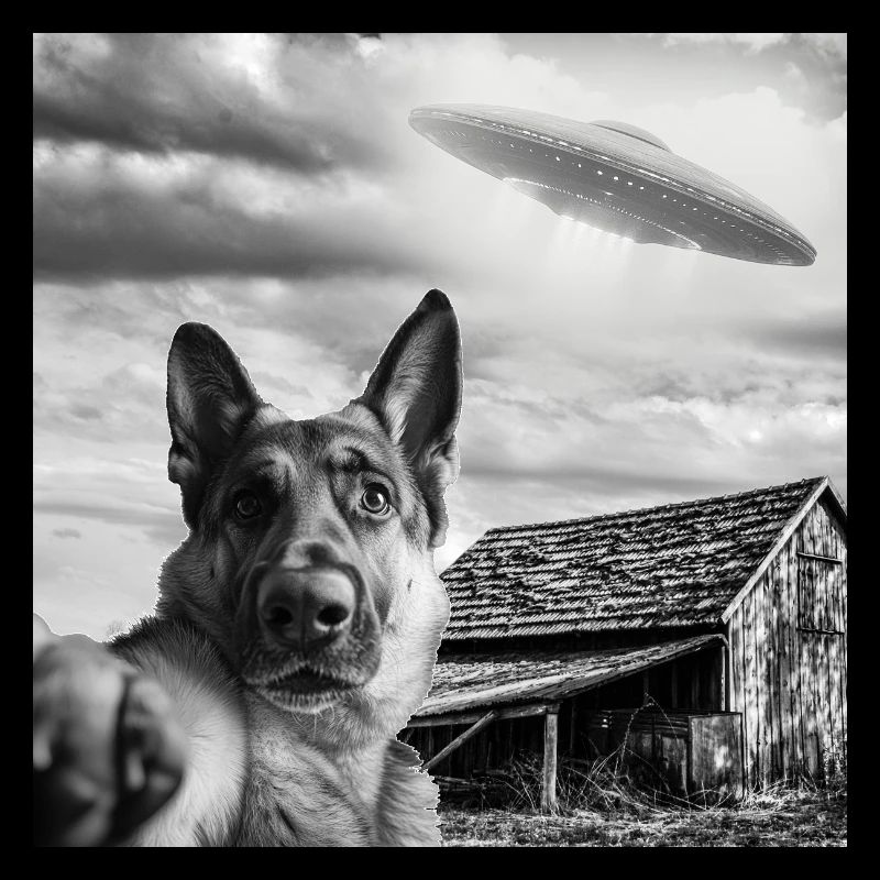 Hund Selfie mit Alien UFO