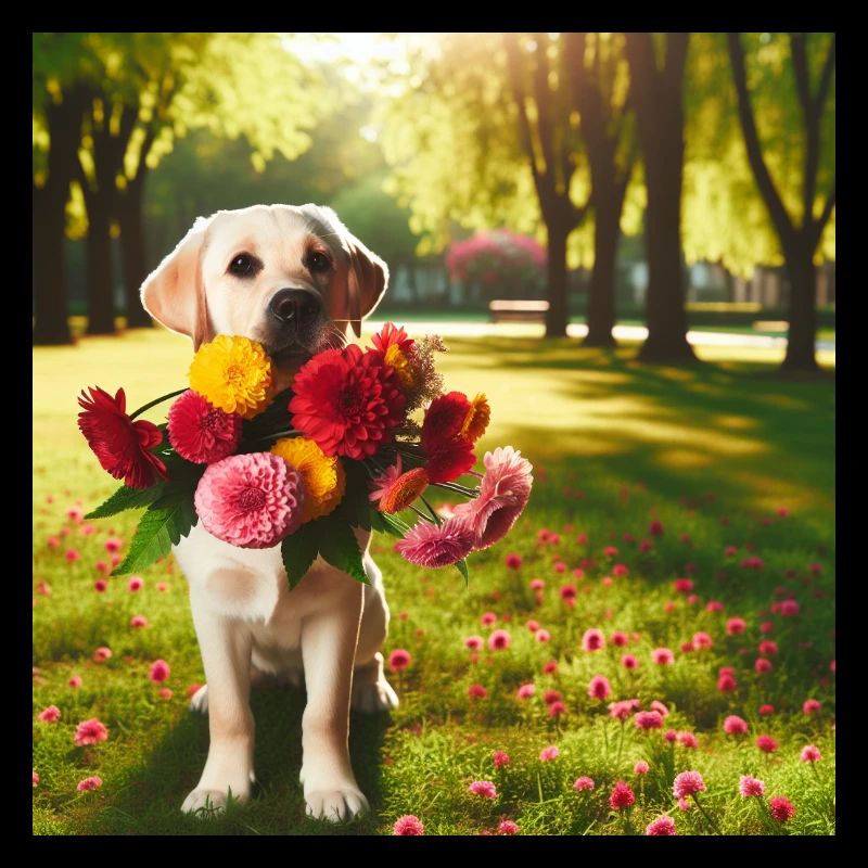 Chien qui porte des fleurs dans une forêt