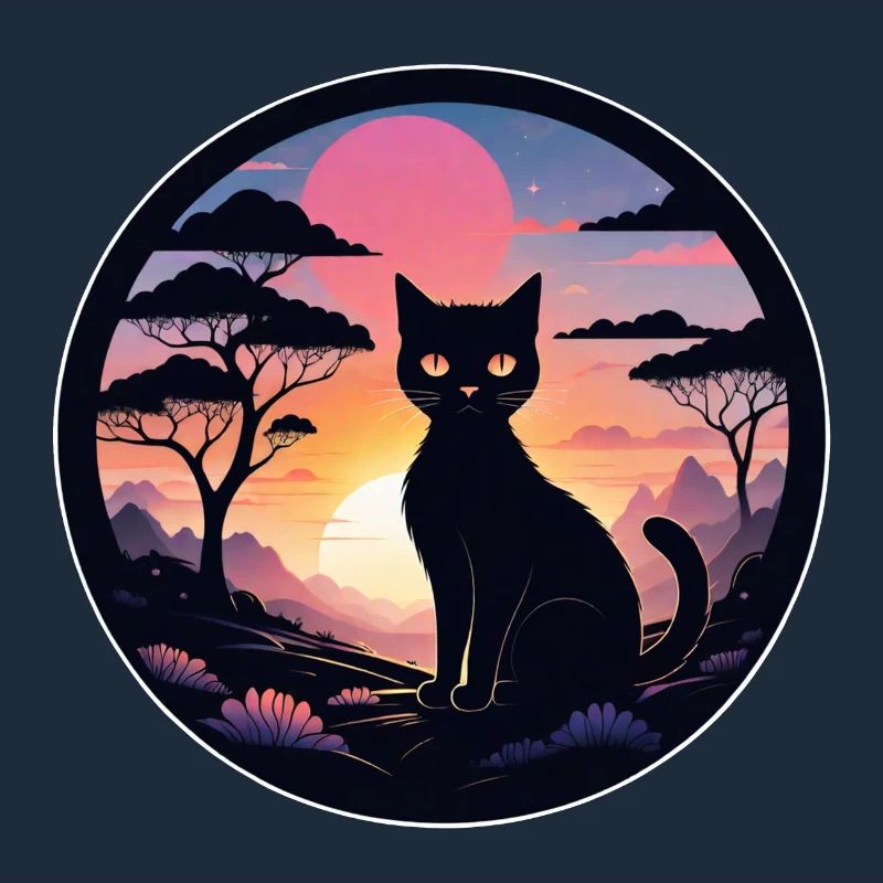chat paysage et coucher de soleil