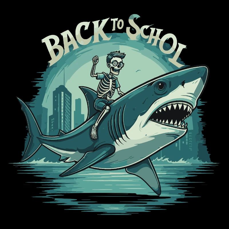 Boys Skeleton Riding a Shark Back to School