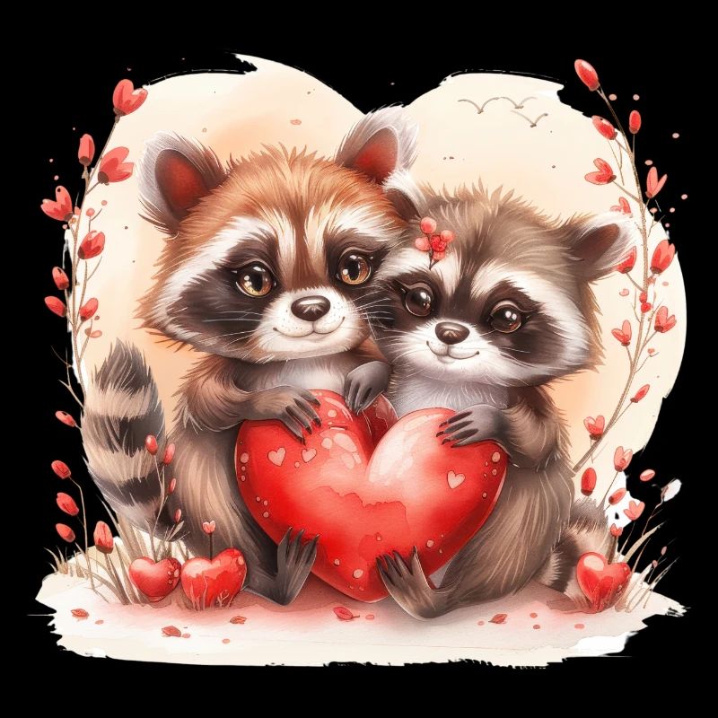 Zwei Waschbären mit einem Herz am Valentinstag