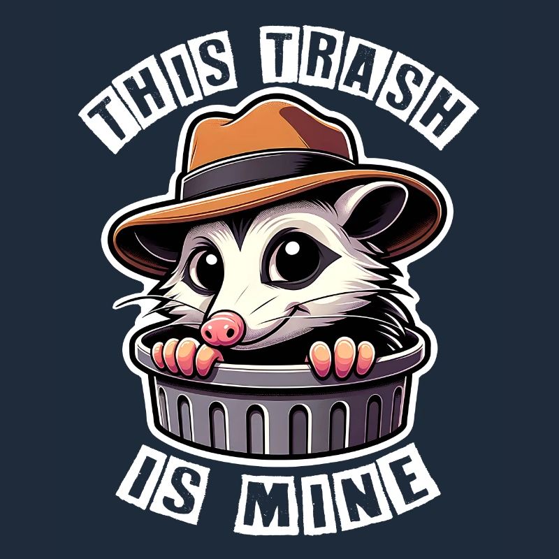 Trash possum with hat looking out of the garbage can