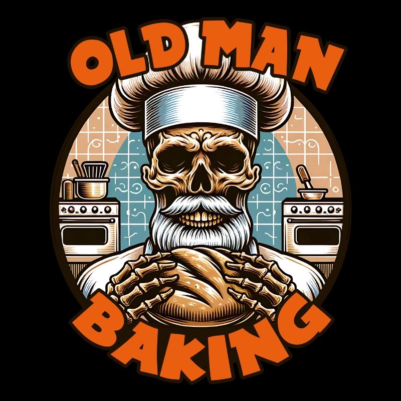 Old Man Baking Skull with Baker's Hat with Bread
