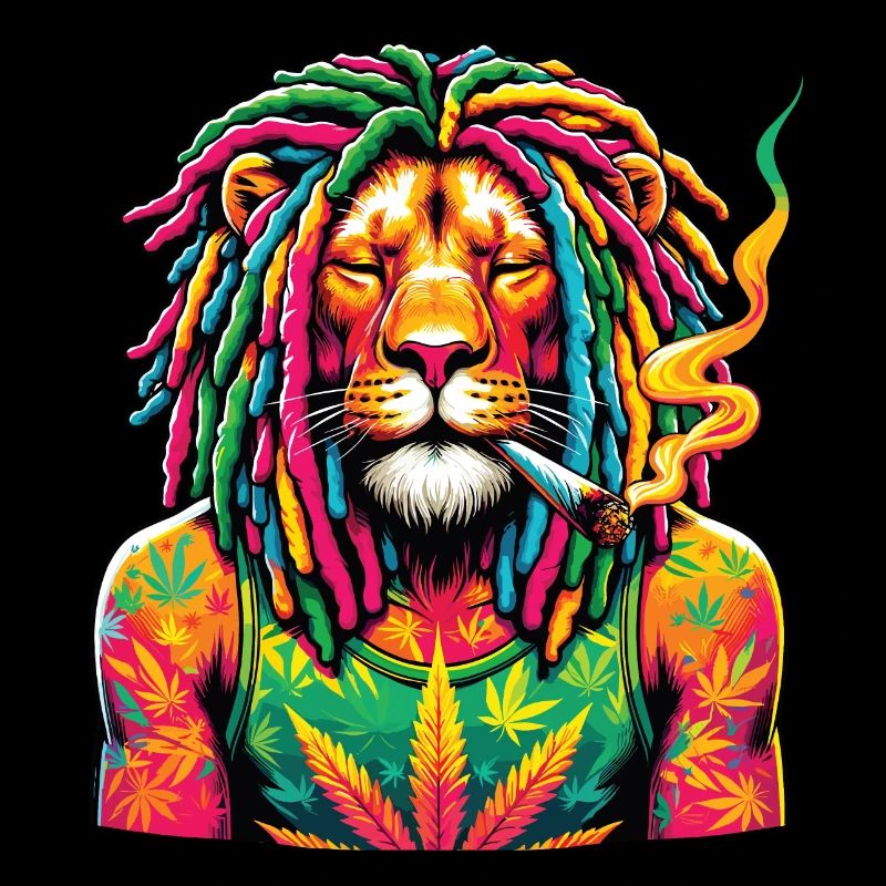 Ein Löwe mit Dreadlocks raucht einen Joint