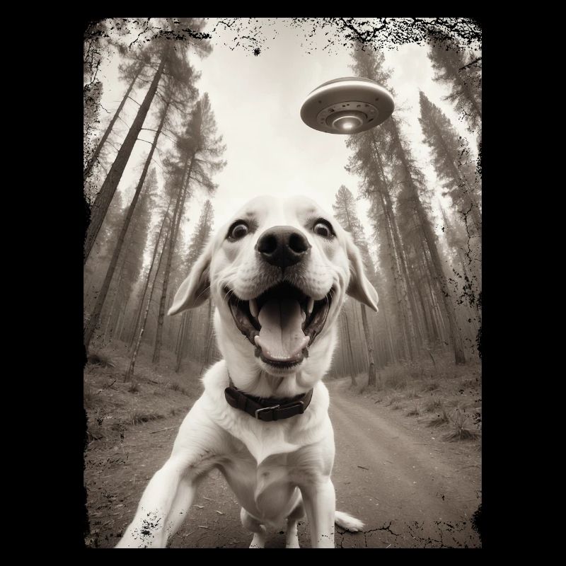 Selfie de chiens avec un vaisseau spatial extraterrestre