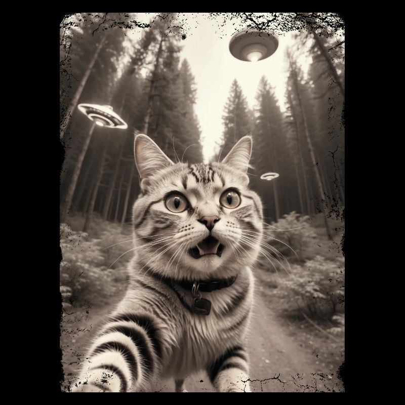 Selfie de chats avec la conception d’un vaisseau spatial extraterrestre