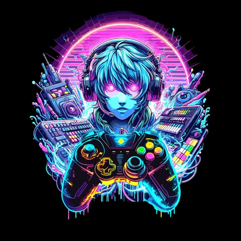 Gamer Headset Anime Synthwave Art