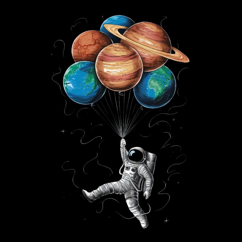 Astronaut Floating with Planets Balloons in Space