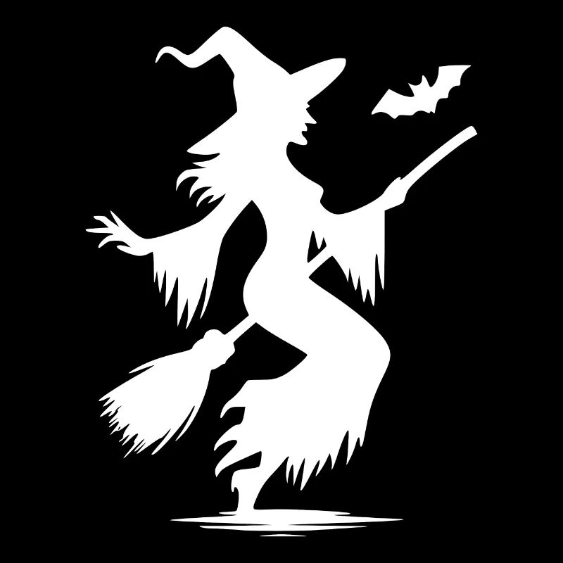 Gruselige Halloween Hexen mit Besen und Fledermaus