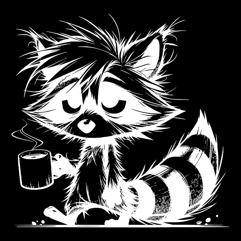 Tired raccoon with coffee cup pencil Drawing