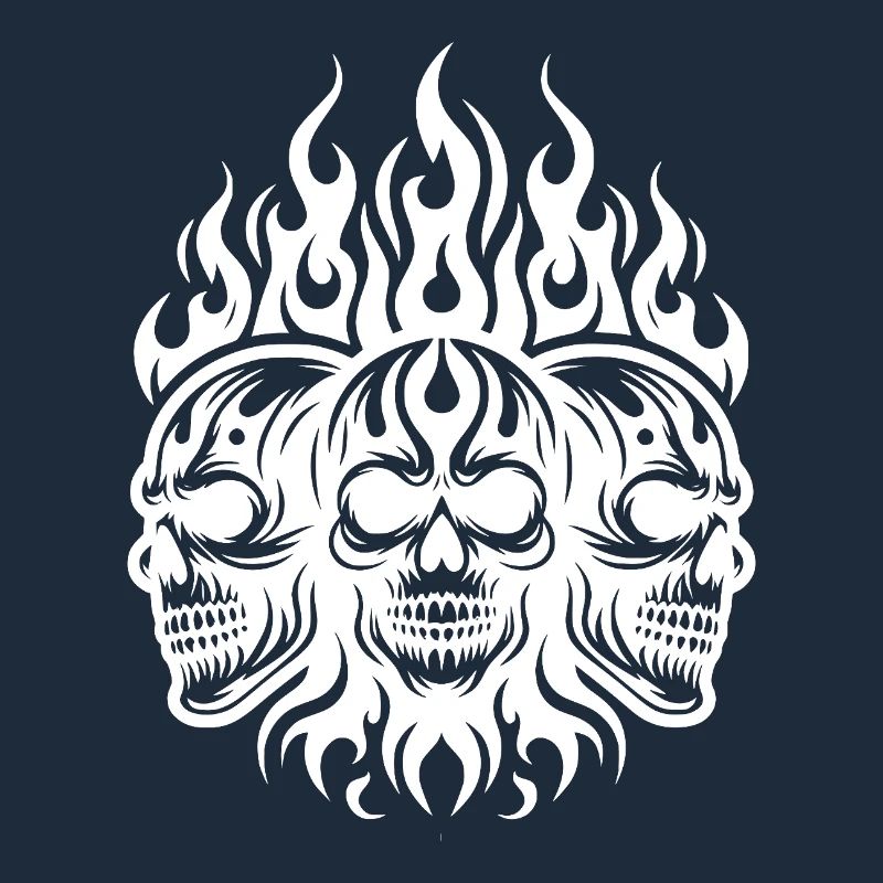 Three Biker Skull Tattoo Tribal Flames Style