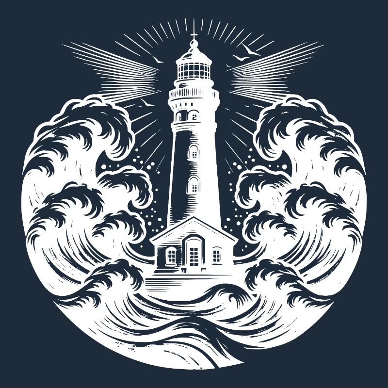 Phare côtier rougeoyant dans de fortes vagues