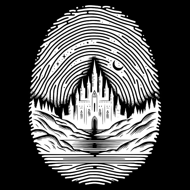 Fingerprint landscape with castle on the water