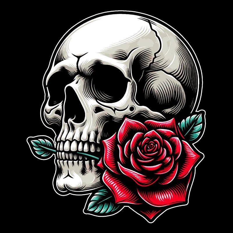 Skull with rose between the teeth