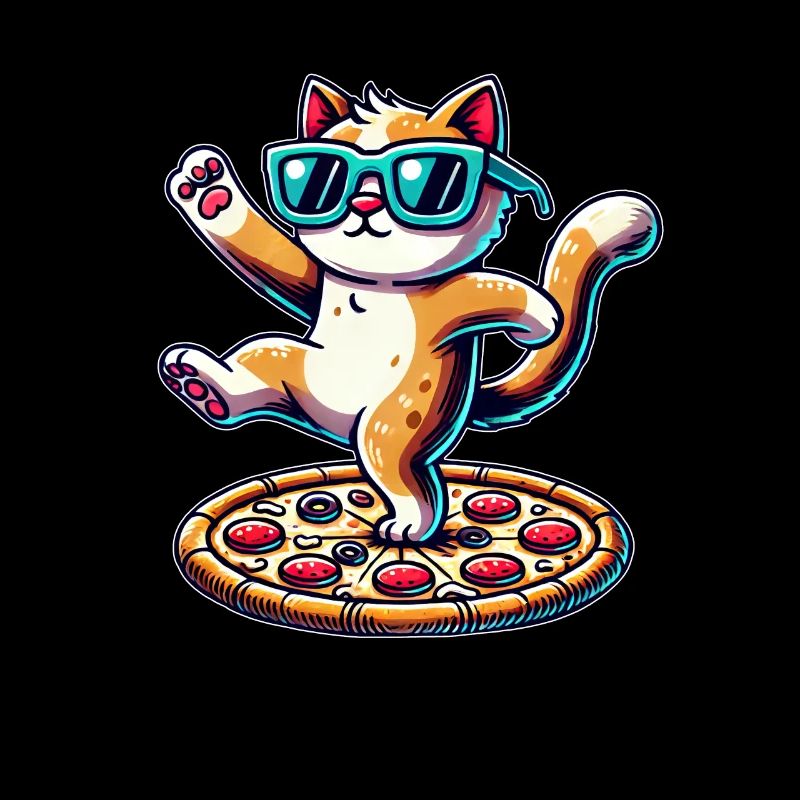 Chat cool avec des lunettes de soleil mangeant de la pizza et dansant