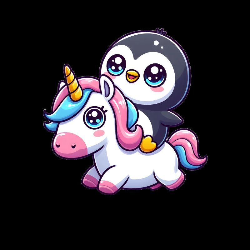 Ein Pinguin auf einem Einhorn