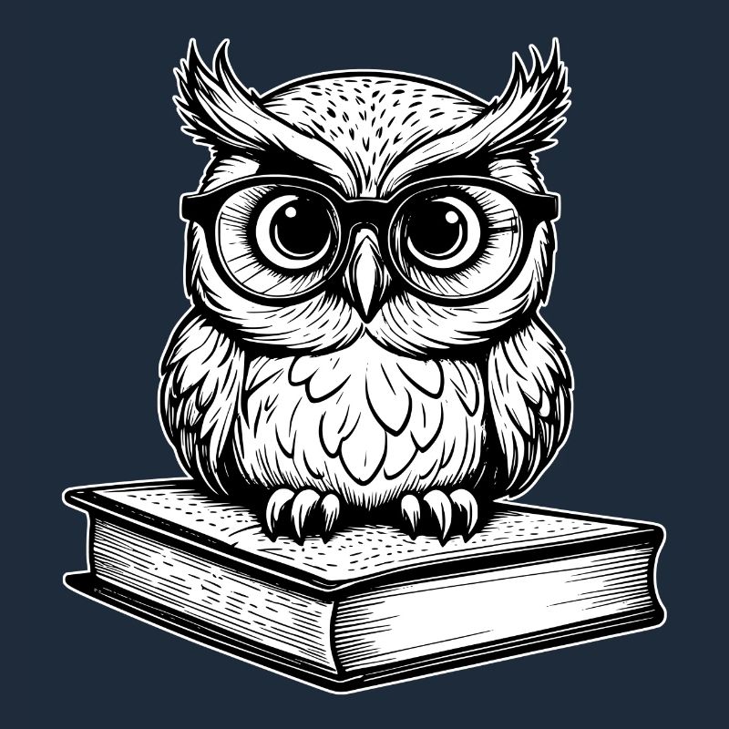Kleine lustige Eule mit Brille sitzt auf Buch