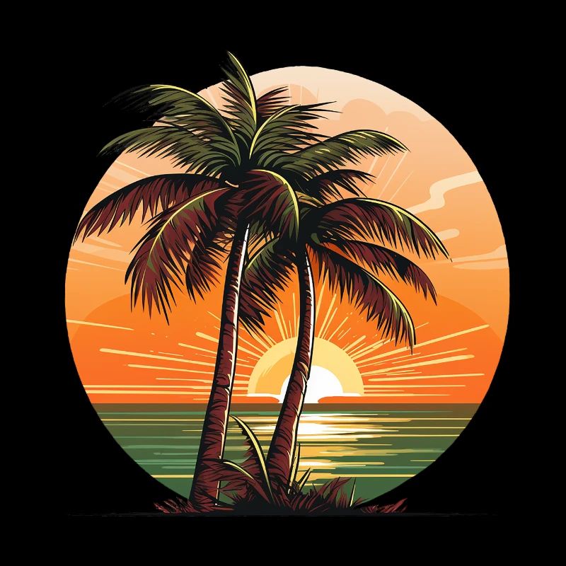 Cocotiers sur la plage devant un coucher de soleil