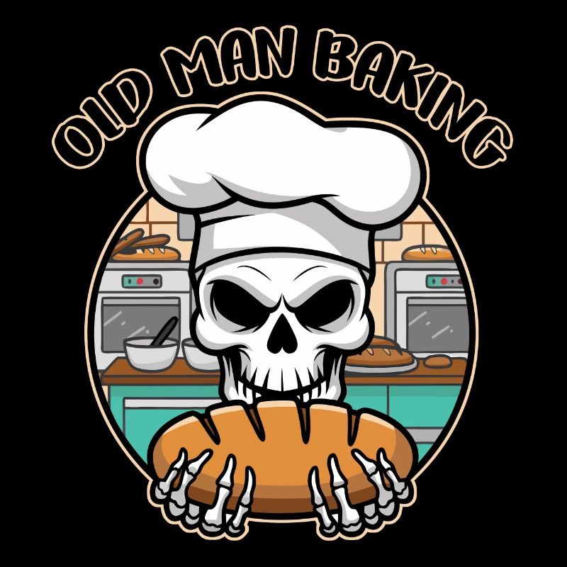Funny Baker Skull with Bread. Old man bakes