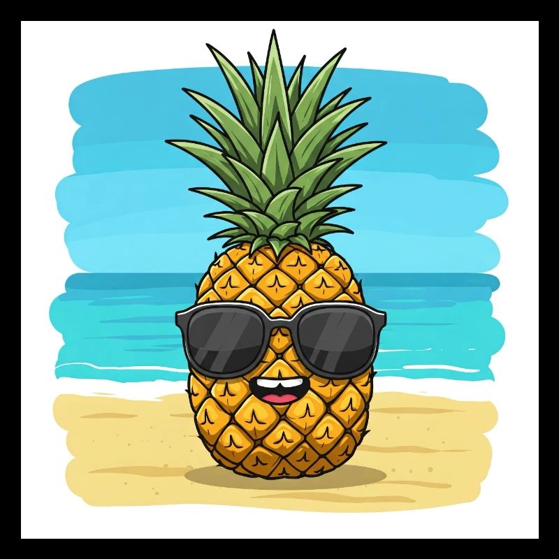 Pineapple with sunglasses on the beach