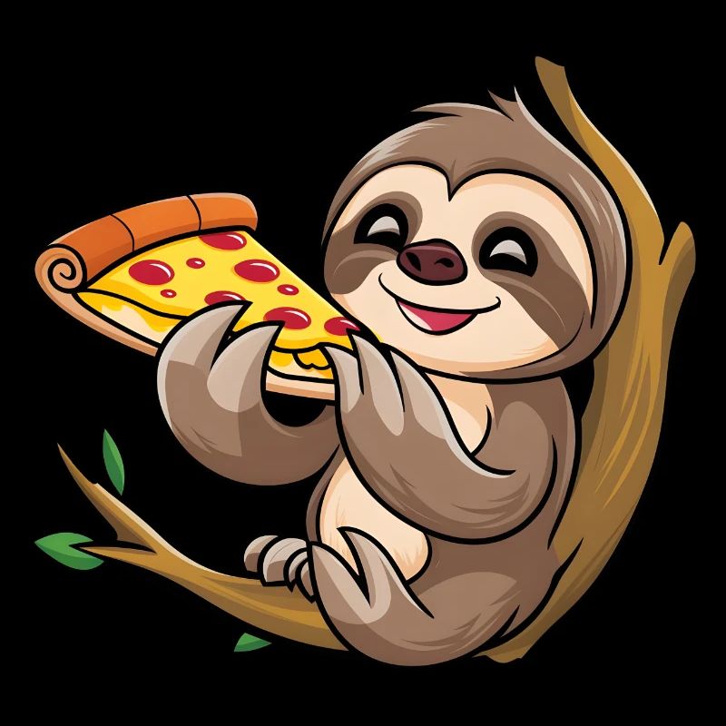 Sloth on Branch with Pizza Cartoon