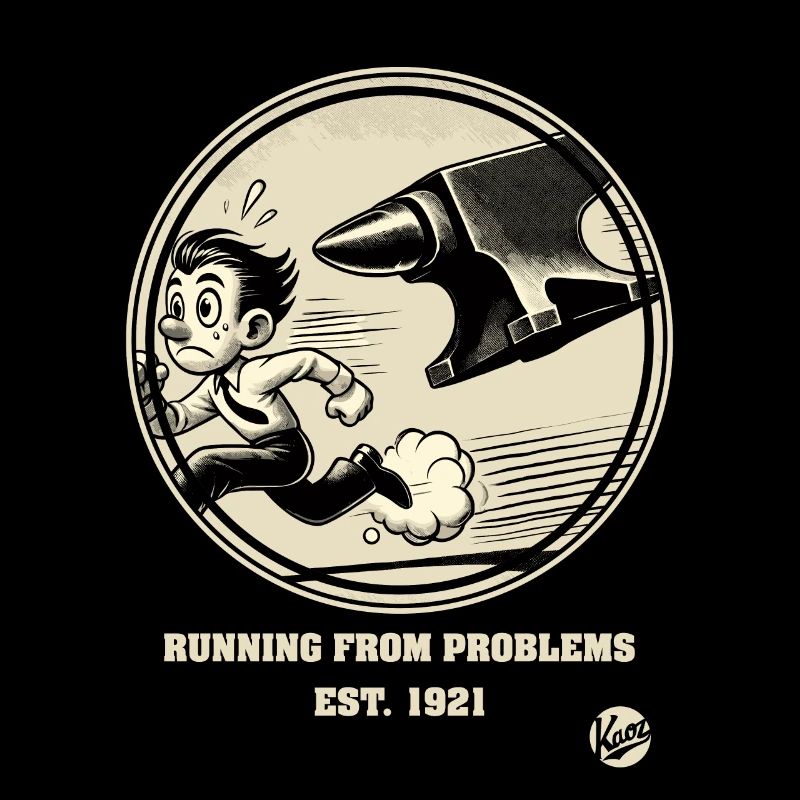 Vintage cartoon man fleeing from problems