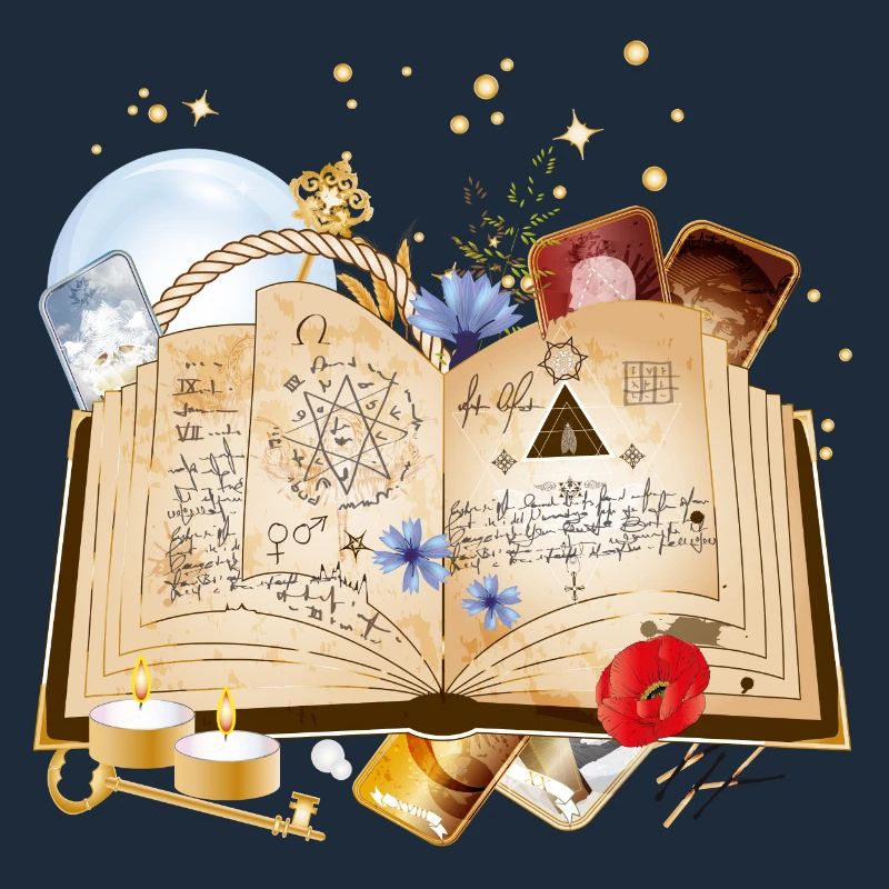 old book with spells & magic accessories