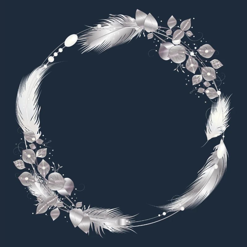 delicate frame made of silver-colored feathers & leaves
